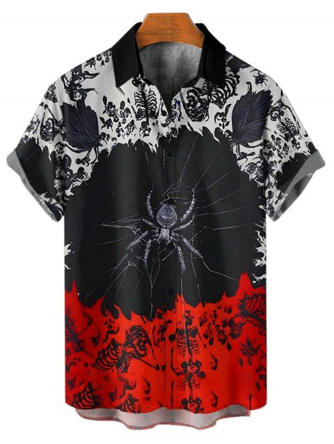 Chemise gothique à manches courtes et boutons pour homme, motif squelette d'araignée colorblock, style vacances