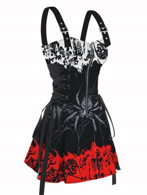 Robe gothique à lacets et motif squelette d'araignée colorblock, demi-fermeture éclair, œillets, sangle à boucle, robe trapèze