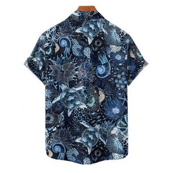 Men's Allover Tropical Marine Life Pattern Vacation Shirt Button Up Roll Up Short Sleeve Beach Shirt