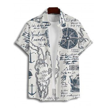 Men's Allover Navigation Ocean Elements Anchor Letter Pattern Vacation Shirt Button Up Roll Up Short Sleeve Beach Shirt