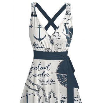 Allover Navigation Ocean Elements Anchor Letter Pattern Crossover Belt Vacation Dress Plunging Neck High Waisted A Line Midi Beach Dress