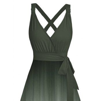 Ombre Printed Crossover Belt Vacation Dress Plunging Neck High Waisted A Line Midi Casual Dress