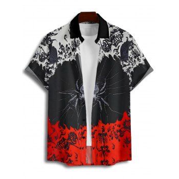 Men's Colorblock Spider Skeleton Pattern Gothic Shirt Button Up Roll Up Short Sleeve Holiday Shirt