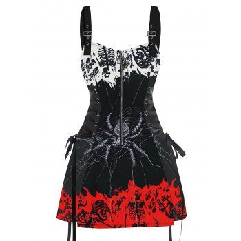 Colorblock Spider Skeleton Pattern Lace Up Gothic Dress Half Zipper Grommet Buckle Strap A Line Mini Dress
