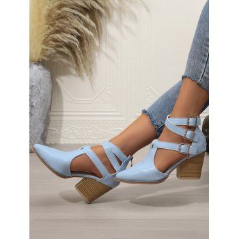 Solid Color Pointed Toe Chunky Heels Hollow Out Buckle Strap Vintage Sandals