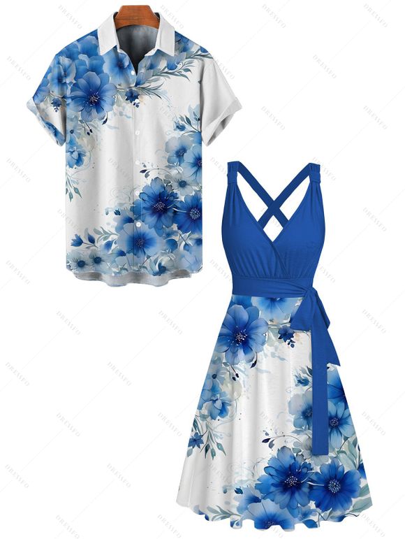 Vacation Couple Outfit Floral Leaf Pattern Contrast Color Crossover Surplice Belt Dress and Button Up Shirt Casual Matching Outfit - BLUE S | US 4