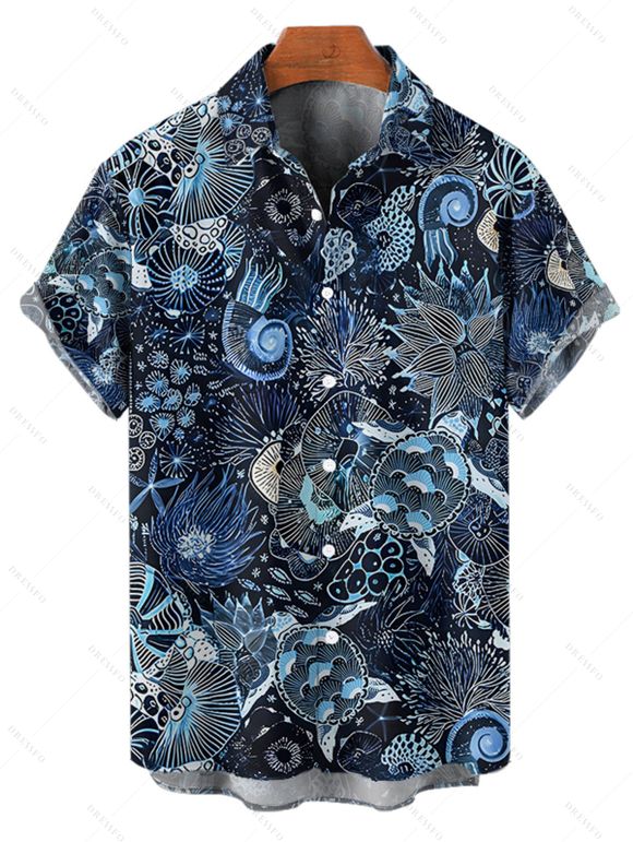 Chemise de vacances à manches courtes et boutons pour homme, motif tropical marin, pour la plage - Bleu de Minuit 5XL