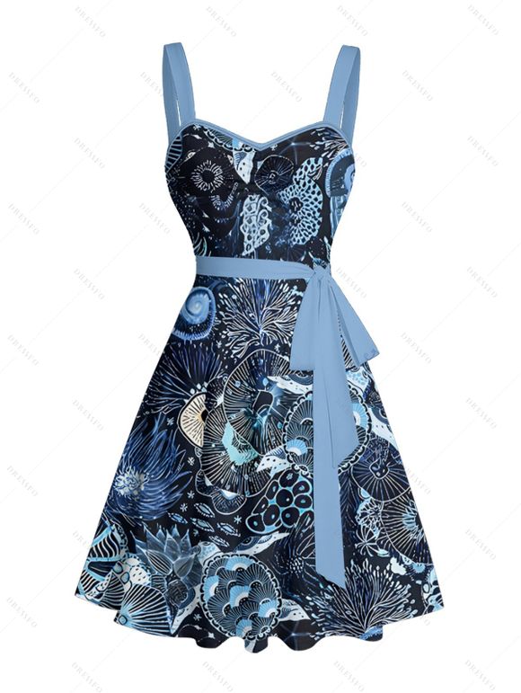 Robe de vacances à imprimé tropical marin, ceinture froncée sur le buste, décolleté en cœur, mini robe de plage trapèze - Bleu de Minuit XXXXXL | US 20