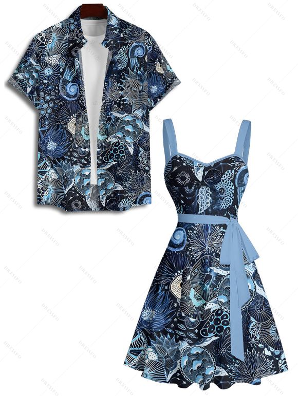 Vacation Couple Outfit Allover Tropical Marine Life Pattern Ruched Bust Belt Sweetheart Neck Dress and Button Up Shirt Beach Matching Outfit - Bleu de Minuit S | US 4