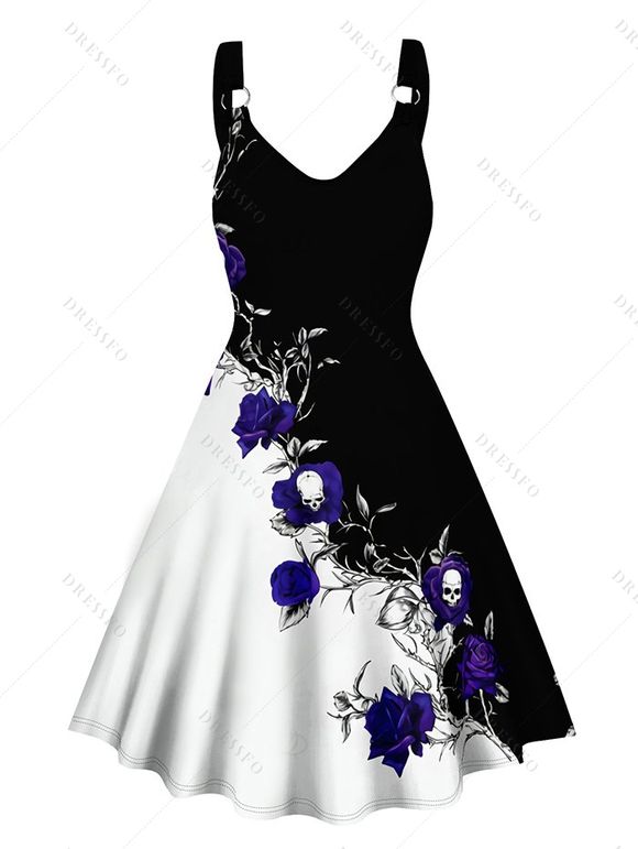 Gothic Women Outfit Contrast Color Rose Floral Pattern Monochrome Dress and Heart Pendant Lace Choker Rivet Boots Set - Noir S | US 4