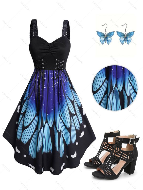 Vacation Women Outfit Butterfly Wings Print V Neck Lace Up Dress and Sequins Earrings Geometric Hollow Out Sandals Set - Bleu profond S | US 4