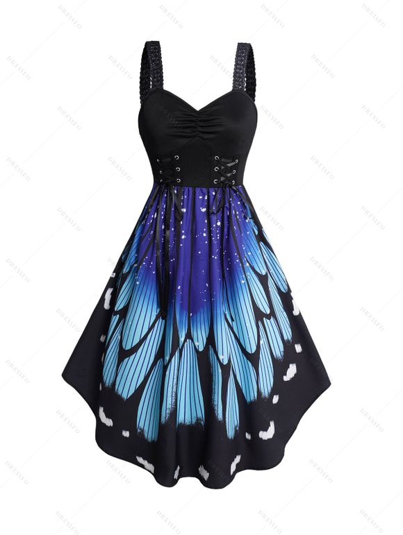 Vacation Women Outfit Butterfly Wings Print V Neck Lace Up Dress and Sequins Earrings Geometric Hollow Out Sandals Set - DEEP BLUE S | US 4