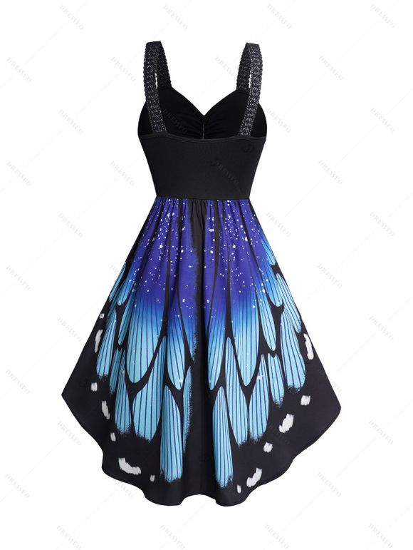 Vacation Women Outfit Butterfly Wings Print V Neck Lace Up Dress and Sequins Earrings Geometric Hollow Out Sandals Set - DEEP BLUE S | US 4
