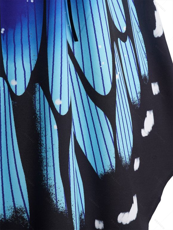 Vacation Women Outfit Butterfly Wings Print V Neck Lace Up Dress and Sequins Earrings Geometric Hollow Out Sandals Set - DEEP BLUE S | US 4