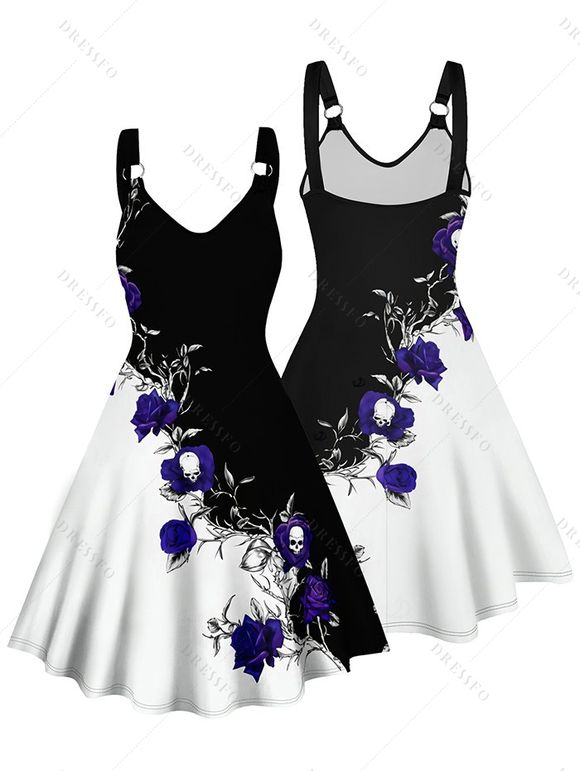 Gothic Women Outfit Contrast Color Rose Floral Pattern Monochrome Dress and Heart Pendant Lace Choker Rivet Boots Set - Noir S | US 4