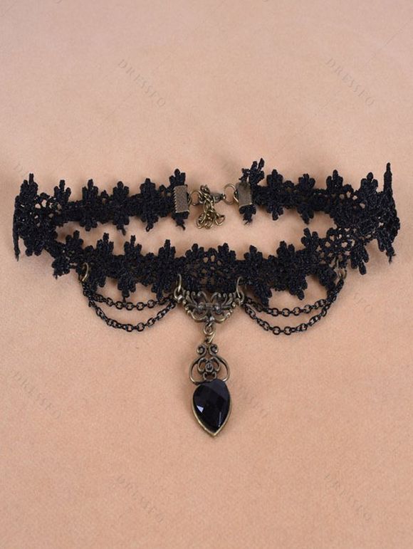 Gothic Women Outfit Contrast Color Rose Floral Pattern Monochrome Dress and Heart Pendant Lace Choker Rivet Boots Set - Noir S | US 4