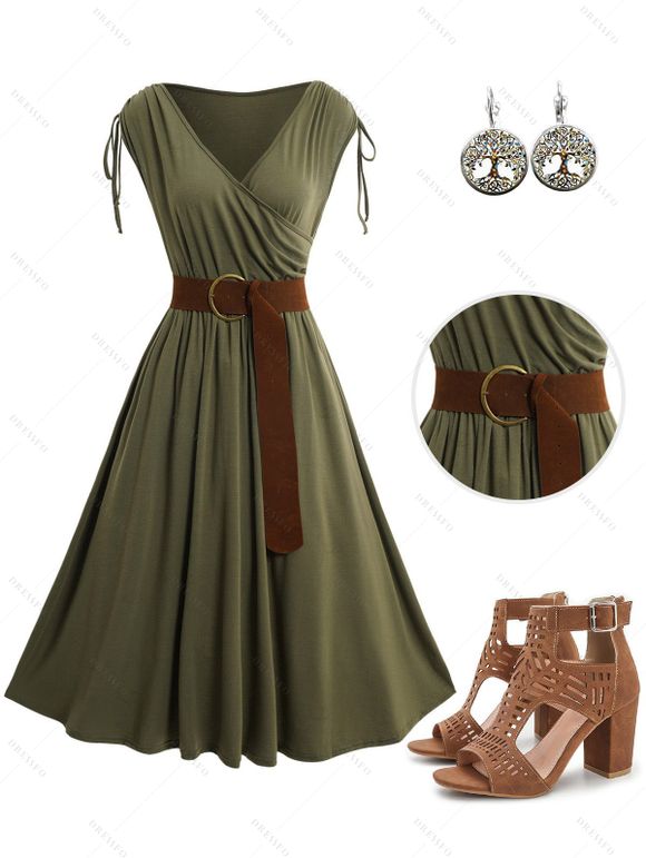 Casual Women Outfit Plain Color Cinched Shoulder Surplice Plunge Belted Midi Dress and Life Tree Pattern Earrings Hollow Out Sandals Set - Vert profond S | US 4