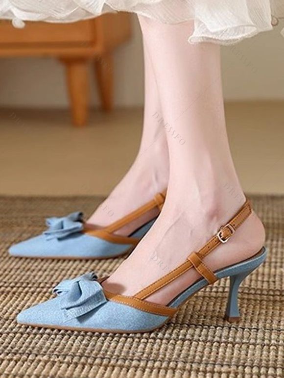 Bowknot Decor Pointed Toe Buckle Strap Stiletto Heels Elegance Sandals - Bleu EU 36