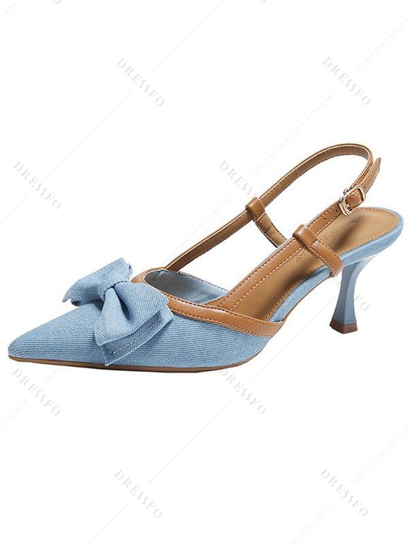 Bowknot Decor Pointed Toe Buckle Strap Stiletto Heels Elegance Sandals - Bleu EU 36
