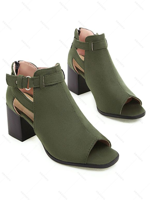 Open Toe Plain Color Buckle Strap Chunky Heels Hollow Out Casual Outdoor Sandals - Vert profond EU 42