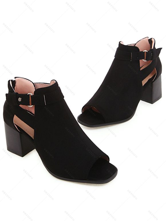Open Toe Plain Color Buckle Strap Chunky Heels Hollow Out Casual Outdoor Sandals - Noir EU 42