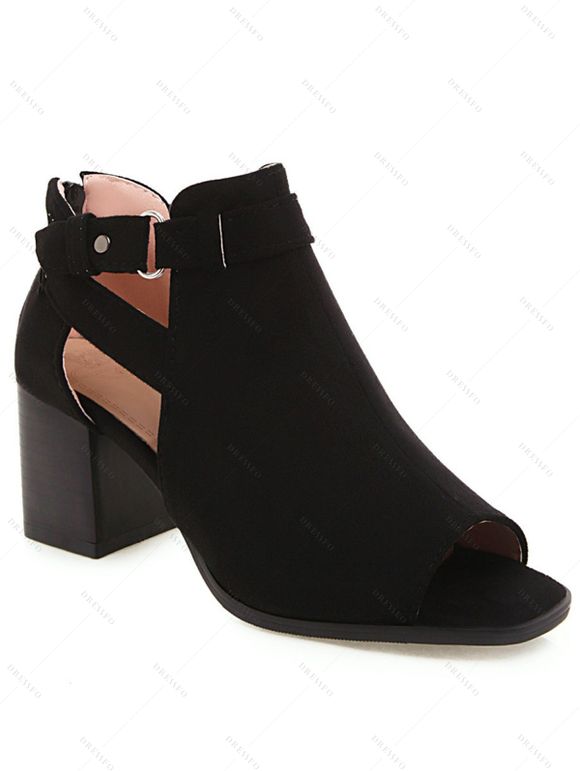 Open Toe Plain Color Buckle Strap Chunky Heels Hollow Out Casual Outdoor Sandals - Noir EU 38