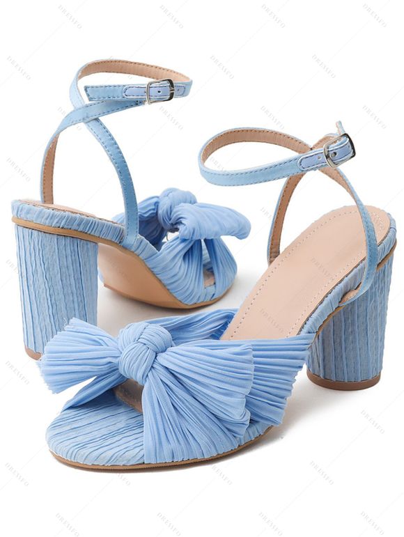 Bowknot Chunky Heels Open Toe Buckle Strap Elegance Party Sandals - Bleu EU 43