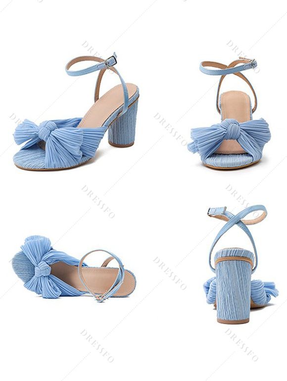 Bowknot Chunky Heels Open Toe Buckle Strap Elegance Party Sandals - Bleu EU 43