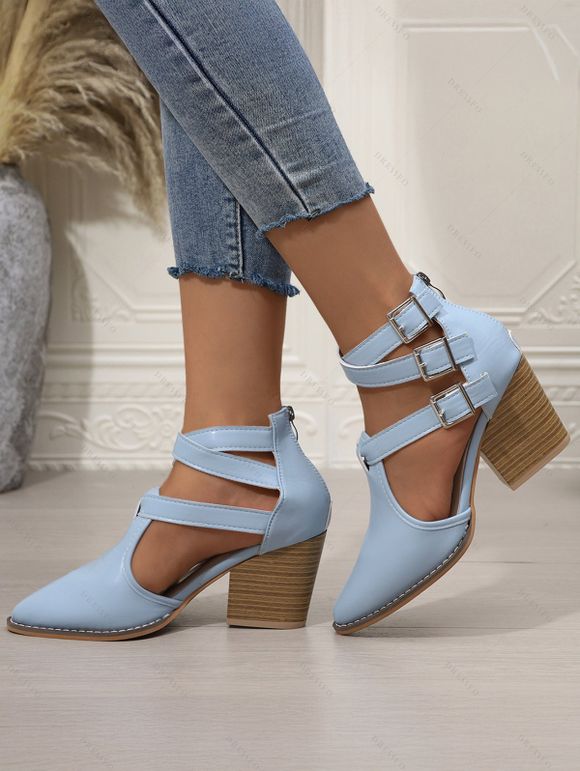 Solid Color Pointed Toe Chunky Heels Hollow Out Buckle Strap Vintage Sandals - Bleu EU 42