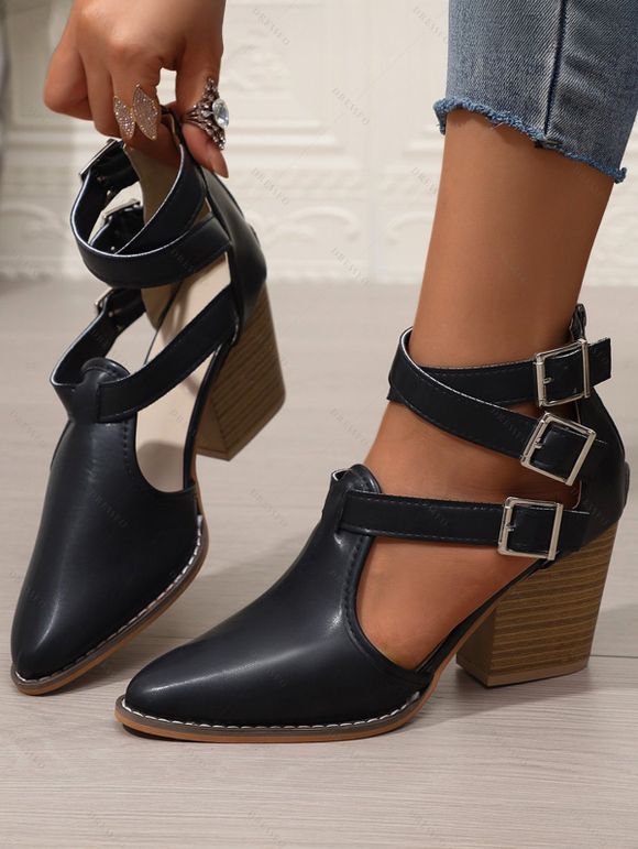 Solid Color Pointed Toe Chunky Heels Hollow Out Buckle Strap Vintage Sandals - Noir EU 42