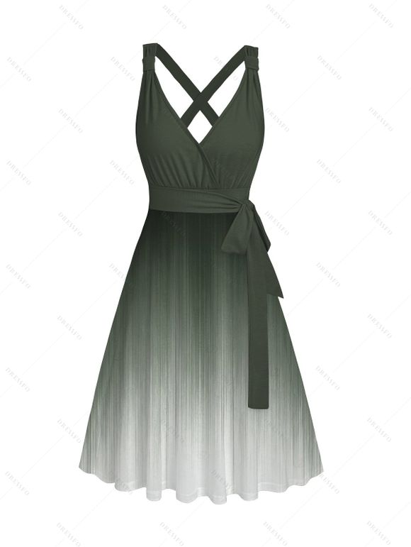Robe de vacances décontractée mi-longue à imprimé ombré et ceinture croisée, décolleté plongeant, taille haute, coupe trapèze - Vert profond S | US 4