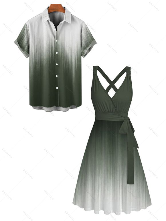 Vacation Couple Outfit Ombre Printed Crossover Belt Plunging Neck High Waisted A Line Midi Dress and Button Up Shirt Casual Matching Outfit - Vert profond S | US 4