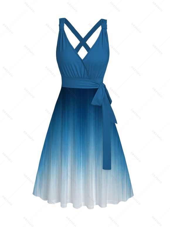 Robe de vacances décontractée mi-longue à imprimé ombré et ceinture croisée, décolleté plongeant, taille haute, coupe trapèze - Bleu XXL | US 14