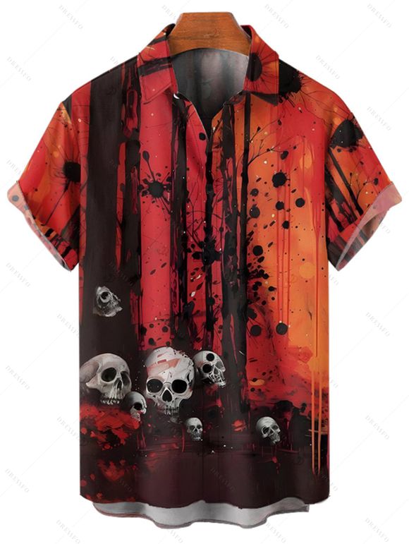 Chemise gothique à manches courtes et boutons pour homme, motif tête de mort et branches d'arbres, style Halloween - Orange Foncé 5XL
