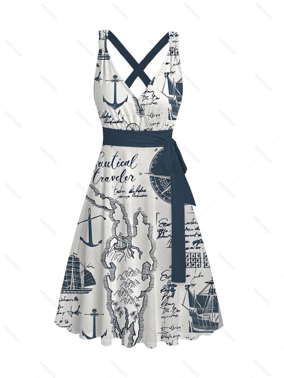 Robe de plage mi-longue à ceinture croisée et col plongeant, taille haute, motif ancre et éléments océaniques - Bleu de Minuit XXL | US 14