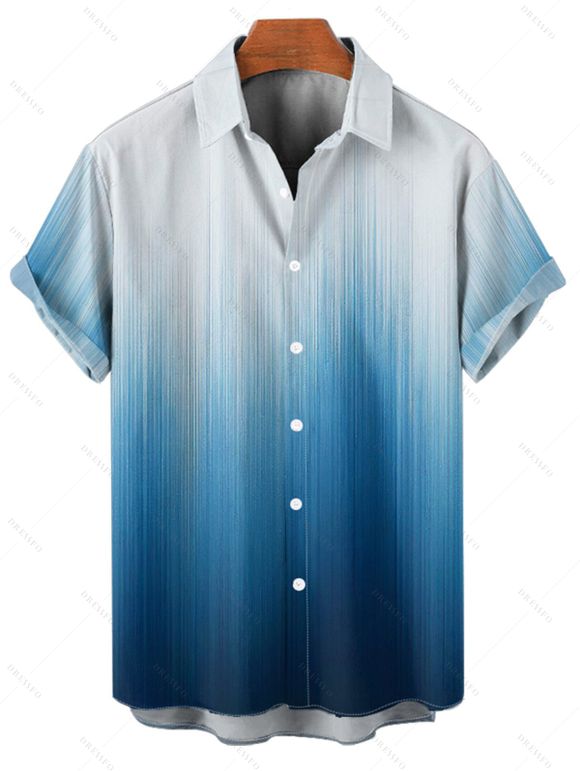 Chemise de vacances à imprimé ombré pour homme, boutonnée, retroussée, manches courtes, décontractée - Bleu 5XL