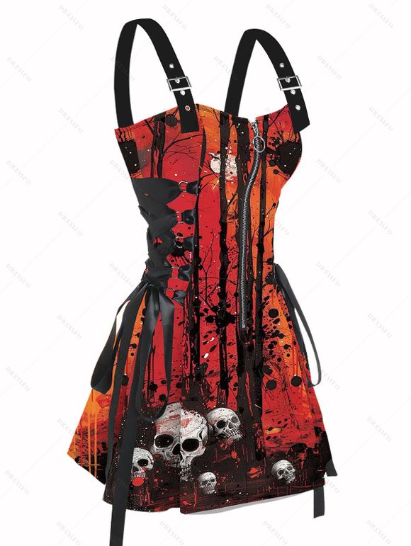 Robe gothique à lacets avec motif de branches d'arbres et de crânes, demi-fermeture éclair, œillets, sangle à boucle, ligne A, mini robe de vacances - Orange Foncé XXL | US 14