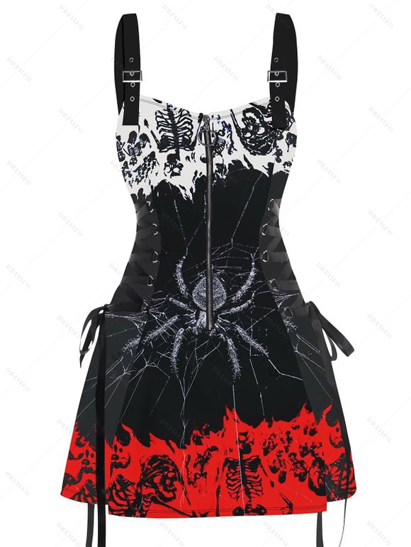 Robe gothique à lacets et motif squelette d'araignée colorblock, demi-fermeture éclair, œillets, sangle à boucle, robe trapèze - Noir XL | US 12