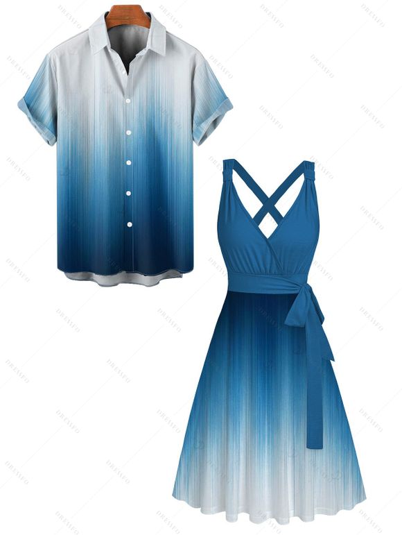 Vacation Couple Outfit Ombre Printed Crossover Belt Plunging Neck High Waisted A Line Midi Dress and Button Up Shirt Casual Matching Outfit - Bleu S | US 4