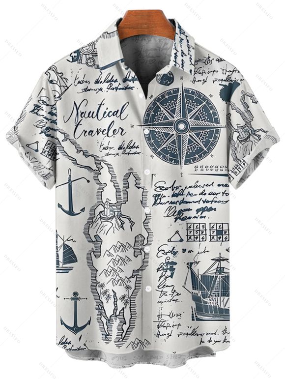 Chemise de plage à manches courtes et boutons pour homme, motif ancre et éléments océaniques, avec motif de lettres, pour les vacances - Bleu de Minuit 5XL