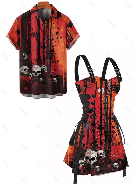 Gothic Couple Outfit Skulls Tree Branches Pattern Lace Up Half Zipper Grommet Buckle Strap Dress and Button Up Shirt Holiday Matching Outfit - Orange Foncé S | US 4