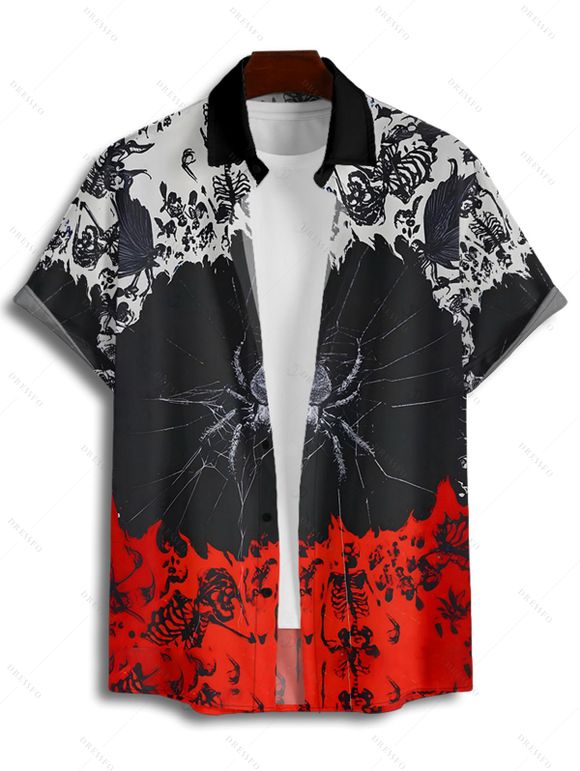 Chemise gothique à manches courtes et boutons pour homme, motif squelette d'araignée colorblock, style vacances - Noir 4XL