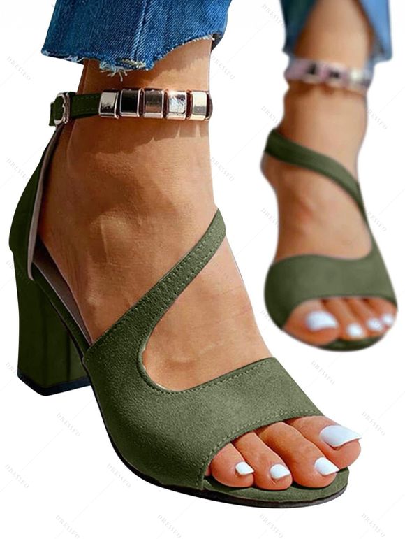 Plain Color Open Toe Chunky Heel Buckle Strap Metal Embellishment Trendy Sandals - Vert EU 43