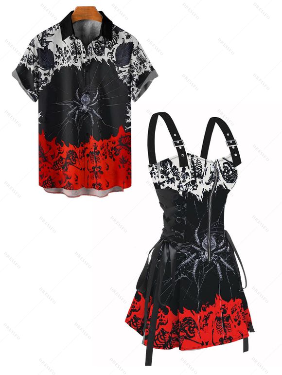Gothic Couple Outfit Colorblock Spider Skeleton Pattern Lace Up Half Zipper Grommet Buckle Strap Dress and Button Up Shirt Holiday Matching Outfit - Noir S | US 4