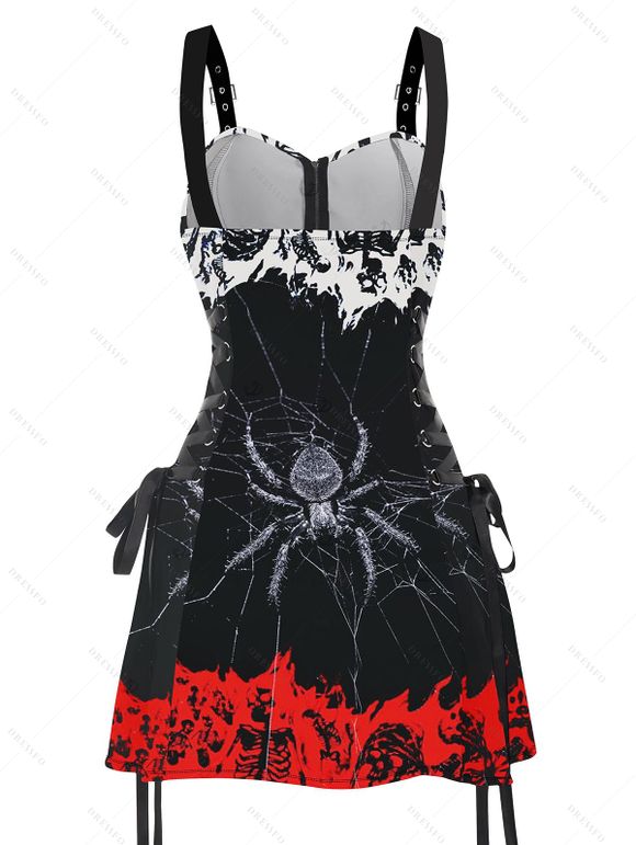 Gothic Couple Outfit Colorblock Spider Skeleton Pattern Lace Up Half Zipper Grommet Buckle Strap Dress and Button Up Shirt Holiday Matching Outfit - Noir S | US 4