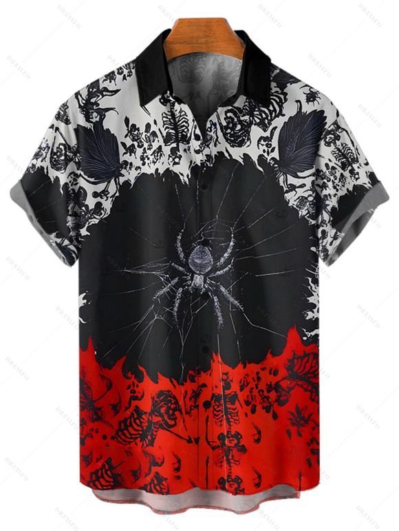 Gothic Couple Outfit Colorblock Spider Skeleton Pattern Lace Up Half Zipper Grommet Buckle Strap Dress and Button Up Shirt Holiday Matching Outfit - Noir S | US 4