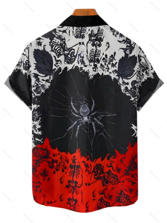 Gothic Couple Outfit Colorblock Spider Skeleton Pattern Lace Up Half Zipper Grommet Buckle Strap Dress and Button Up Shirt Holiday Matching Outfit - Noir S | US 4