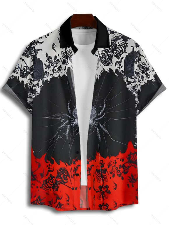 Gothic Couple Outfit Colorblock Spider Skeleton Pattern Lace Up Half Zipper Grommet Buckle Strap Dress and Button Up Shirt Holiday Matching Outfit - Noir S | US 4