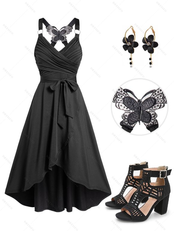 Casual Women Outfit Crossover Self Belted Bowknot Tied Butterfly Lace Dress and Flower Rhinestone Earrings Geometric Hollow Out Sandals Set - Noir S | US 4