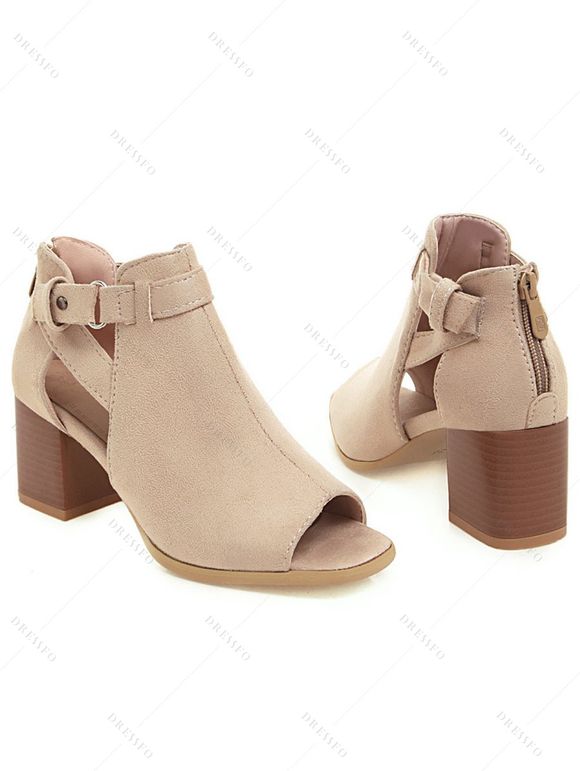 Open Toe Plain Color Buckle Strap Chunky Heels Hollow Out Casual Outdoor Sandals - café lumière EU 39